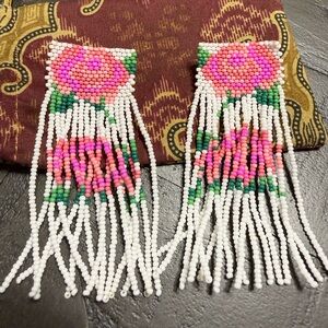 Anthropologie Pink and Green Beaded Fringe Earrings